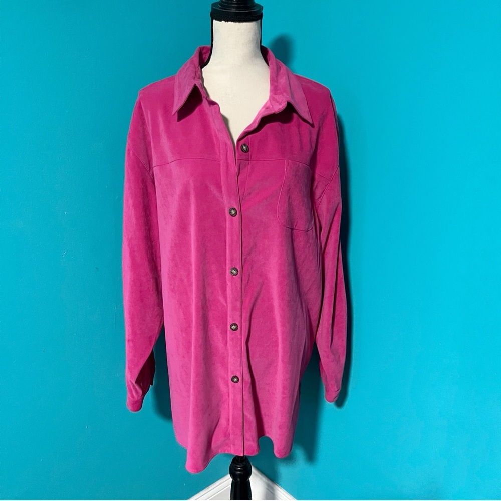 Sag Harbor Woman 22W Solid Pink Faux Suede Long Sleeve Button Down Shirt